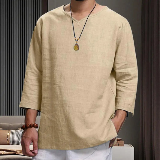 Navarita | Khaki Relaxed Linen 3/4 Sleeve Pullover T-Shirt