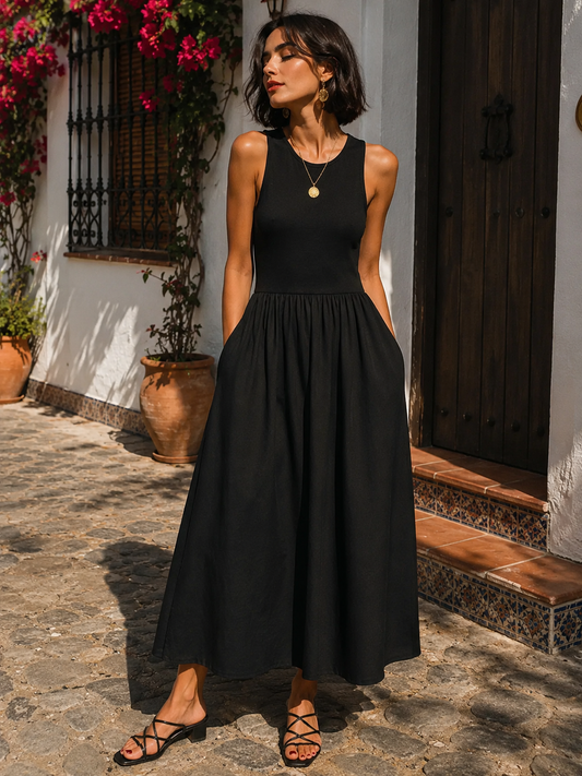 Vestido Largo de Cuello Redondo